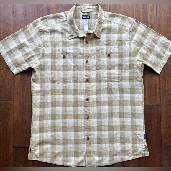 Patagonia Men’s Hemp Cotton Plaid Shirt L Short Sleeve Button-Down Tan - Picture 3 of 10